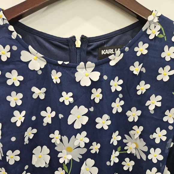 Karl Lagerfeld Paris Navy Floral 3D Flower Sleeveless Shift Dress NWT Sz 10 - Picture 4 of 6
